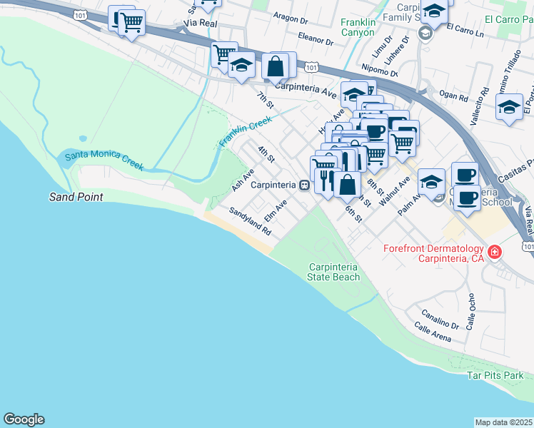 map of restaurants, bars, coffee shops, grocery stores, and more near 4880 Sandyland Road in Carpinteria