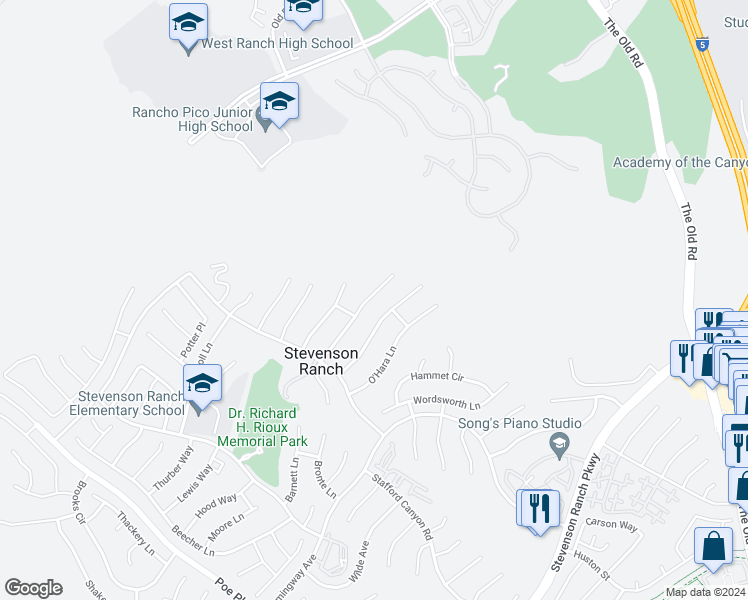 map of restaurants, bars, coffee shops, grocery stores, and more near 26126 Twain Place in Stevenson Ranch