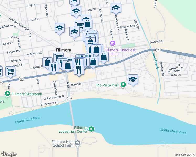map of restaurants, bars, coffee shops, grocery stores, and more near 459 River Street in Fillmore