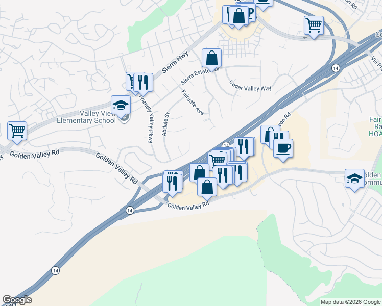 map of restaurants, bars, coffee shops, grocery stores, and more near 19126 Friendly Valley Parkway in Santa Clarita