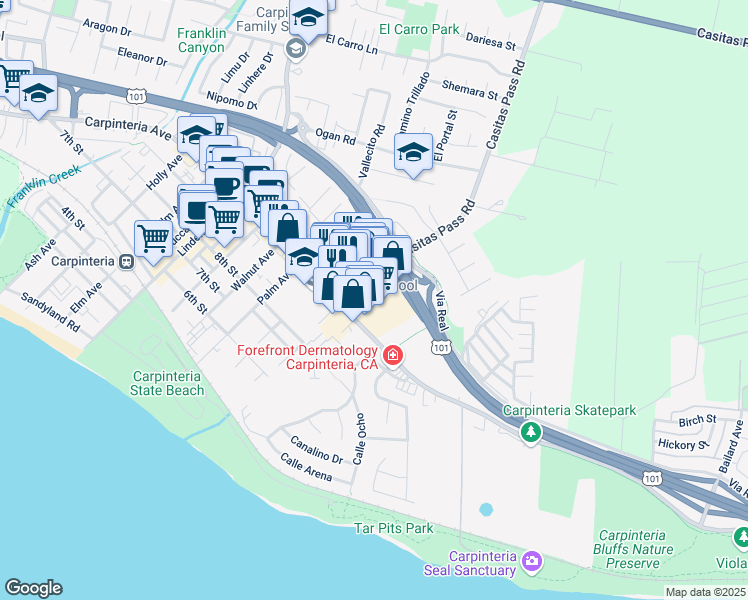 map of restaurants, bars, coffee shops, grocery stores, and more near 5412 Carpinteria Avenue in Carpinteria