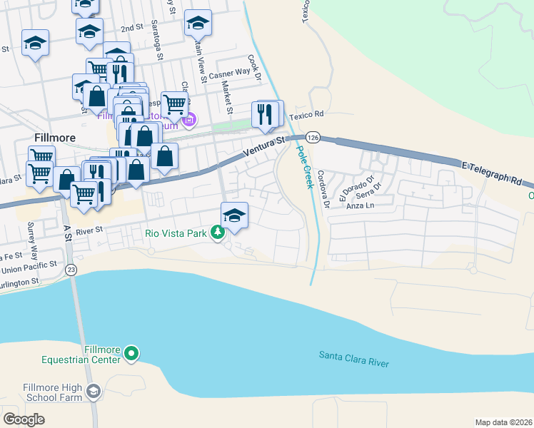 map of restaurants, bars, coffee shops, grocery stores, and more near 74 Teakwood Street in Fillmore
