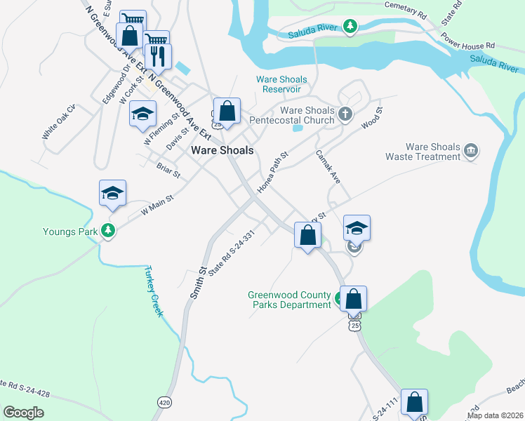 map of restaurants, bars, coffee shops, grocery stores, and more near 29 South Greenwood Avenue in Ware Shoals