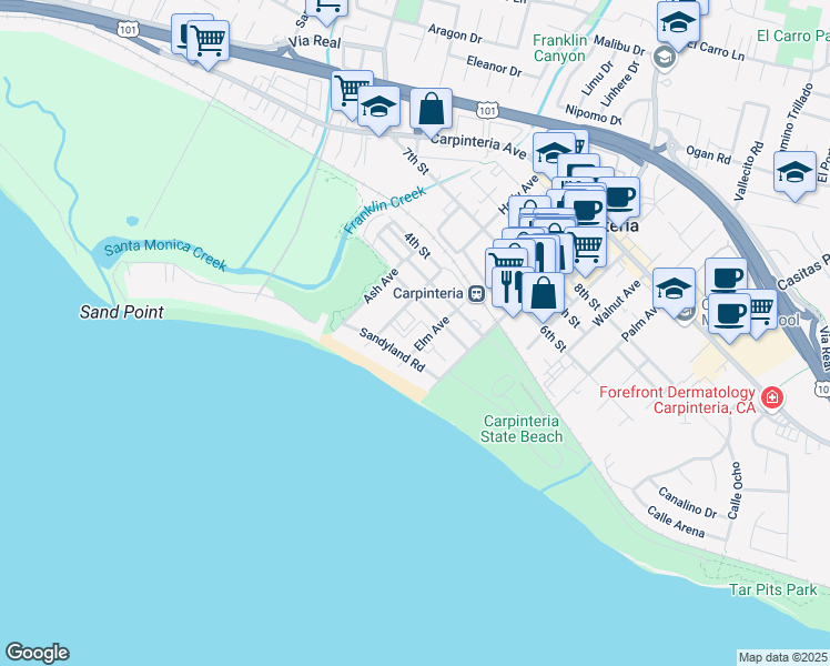 map of restaurants, bars, coffee shops, grocery stores, and more near 4858 Sandyland Road in Carpinteria