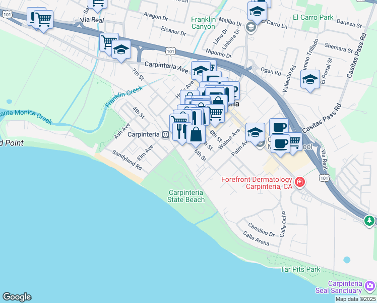 map of restaurants, bars, coffee shops, grocery stores, and more near 5049 6th Street in Carpinteria