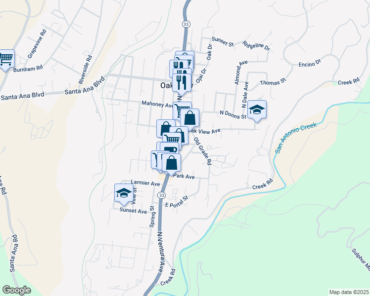 map of restaurants, bars, coffee shops, grocery stores, and more near 475 Old Ventura Avenue in Oak View