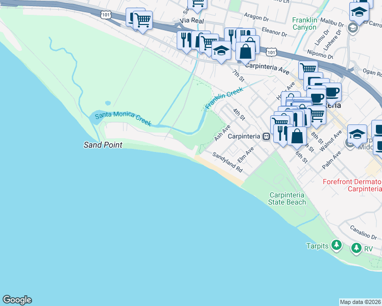 map of restaurants, bars, coffee shops, grocery stores, and more near 4595 Avenue Del Mar in Carpinteria