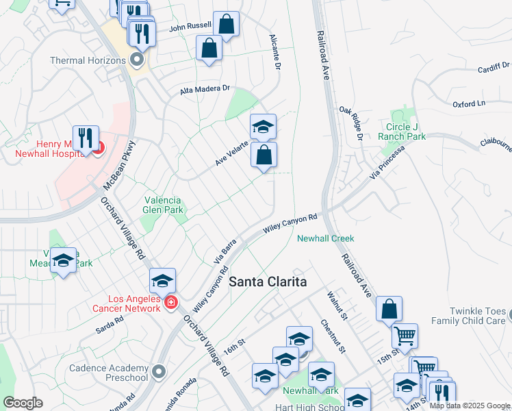 map of restaurants, bars, coffee shops, grocery stores, and more near 25322 Vía Saludo in Santa Clarita