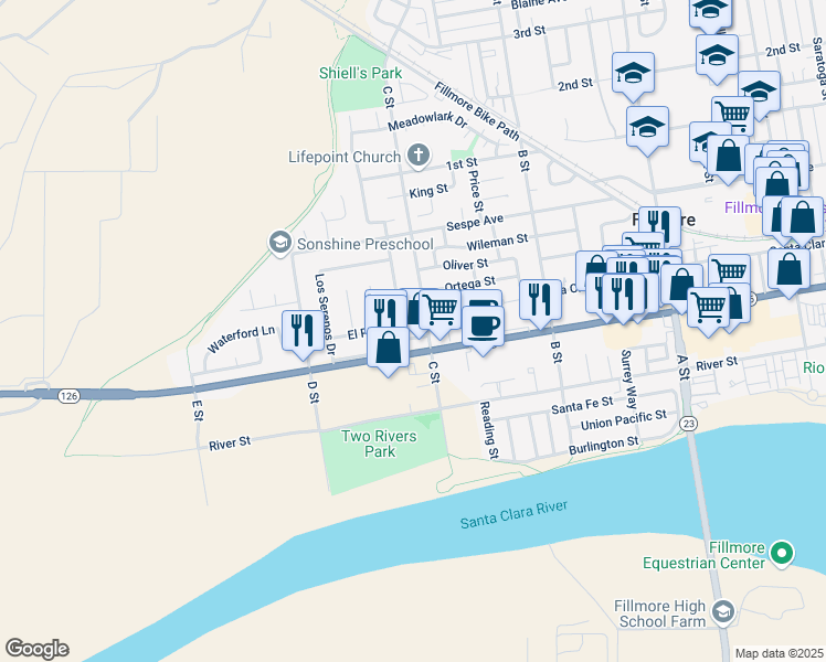 map of restaurants, bars, coffee shops, grocery stores, and more near 1114 El Paseo Street in Fillmore