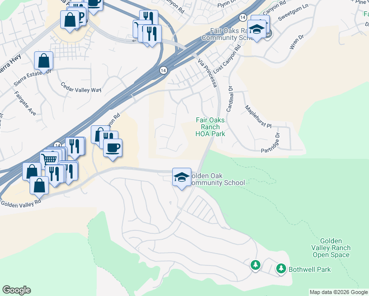 map of restaurants, bars, coffee shops, grocery stores, and more near 18210 Shannon Ridge Place in Santa Clarita