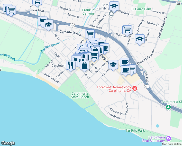 map of restaurants, bars, coffee shops, grocery stores, and more near 5161 7th Street in Carpinteria