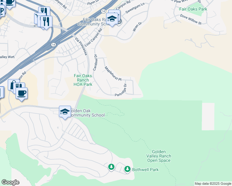 map of restaurants, bars, coffee shops, grocery stores, and more near 26404 Partridge Drive in Santa Clarita