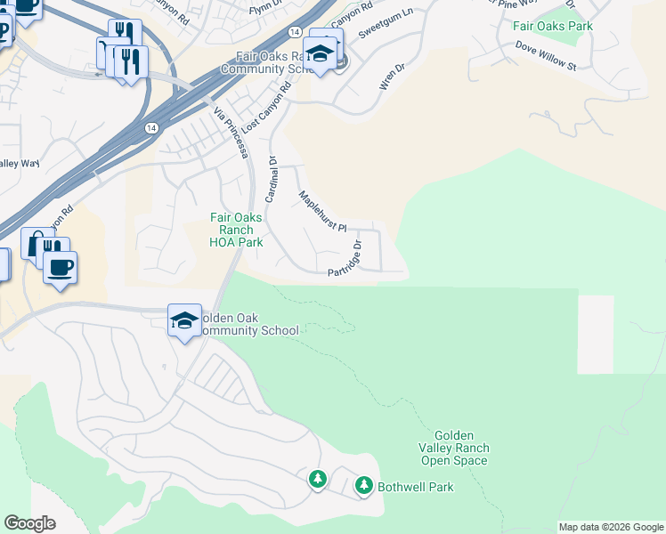 map of restaurants, bars, coffee shops, grocery stores, and more near 26421 Partridge Drive in Santa Clarita