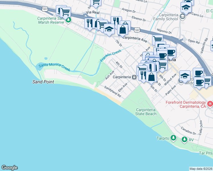 map of restaurants, bars, coffee shops, grocery stores, and more near 4797 Holly Avenue in Carpinteria