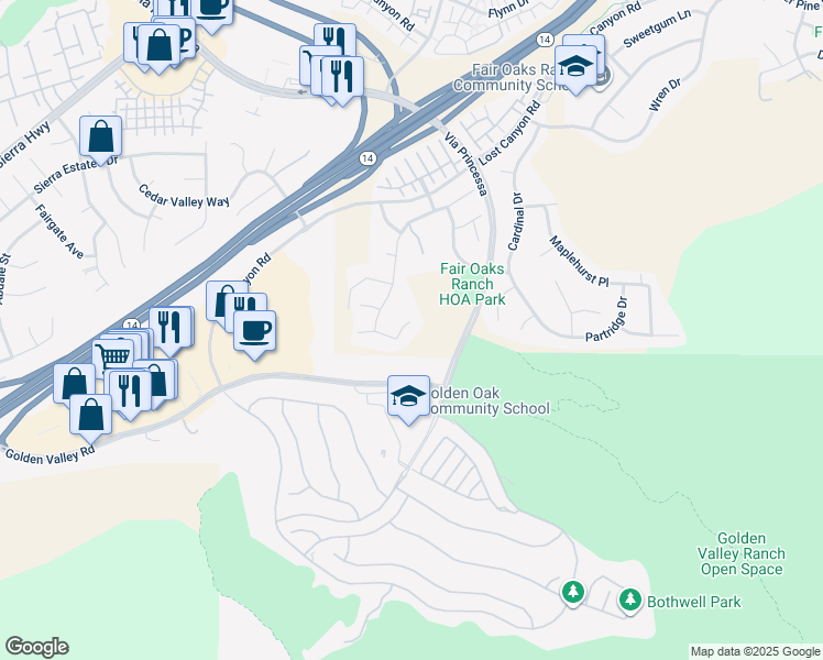 map of restaurants, bars, coffee shops, grocery stores, and more near 18210 Shannon Ridge Place in Los Angeles County