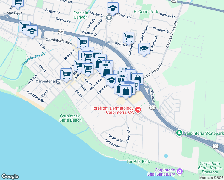 map of restaurants, bars, coffee shops, grocery stores, and more near 5351 Carpinteria Avenue in Carpinteria