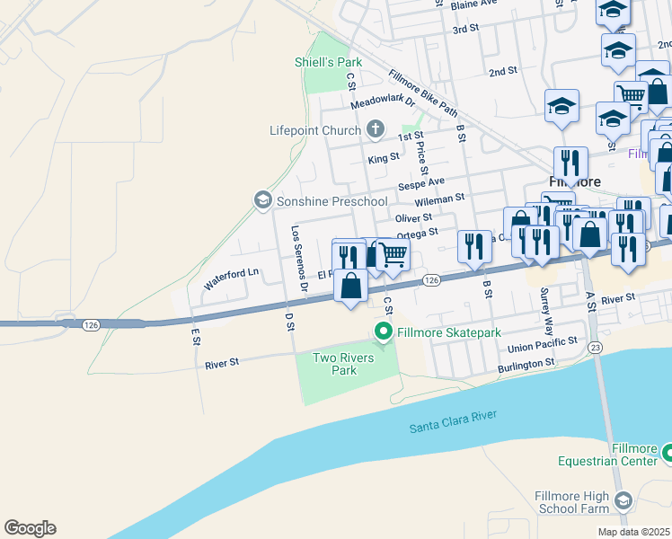 map of restaurants, bars, coffee shops, grocery stores, and more near 1149 Ventura Street in Fillmore