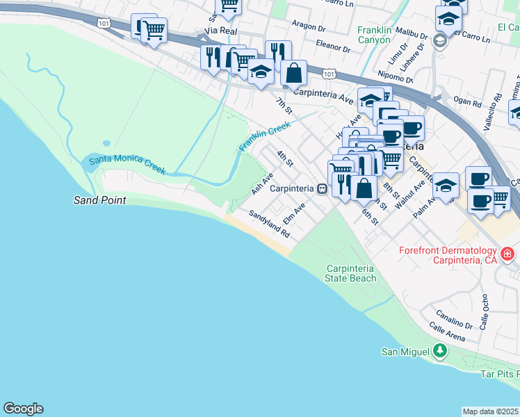 map of restaurants, bars, coffee shops, grocery stores, and more near 4797 Holly Avenue in Carpinteria