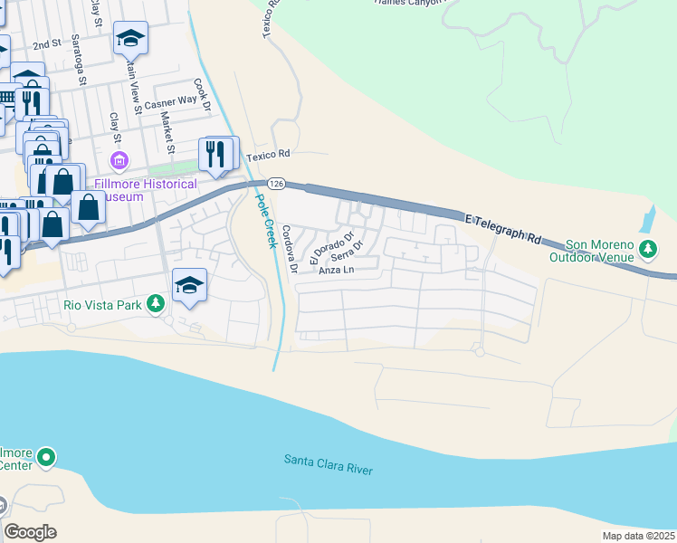 map of restaurants, bars, coffee shops, grocery stores, and more near 250 East Telegraph Road in Fillmore