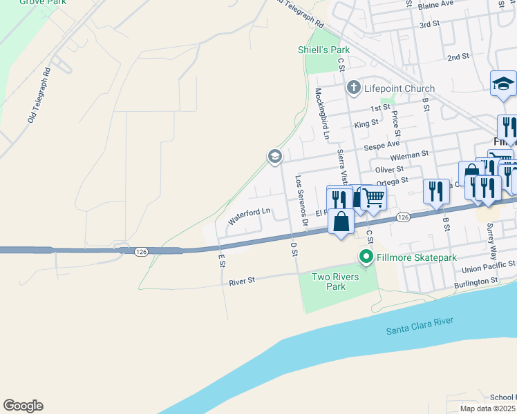 map of restaurants, bars, coffee shops, grocery stores, and more near 1343 Waterford Lane in Fillmore