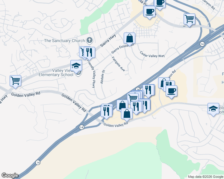 map of restaurants, bars, coffee shops, grocery stores, and more near 26118 Oakflat Court in Santa Clarita