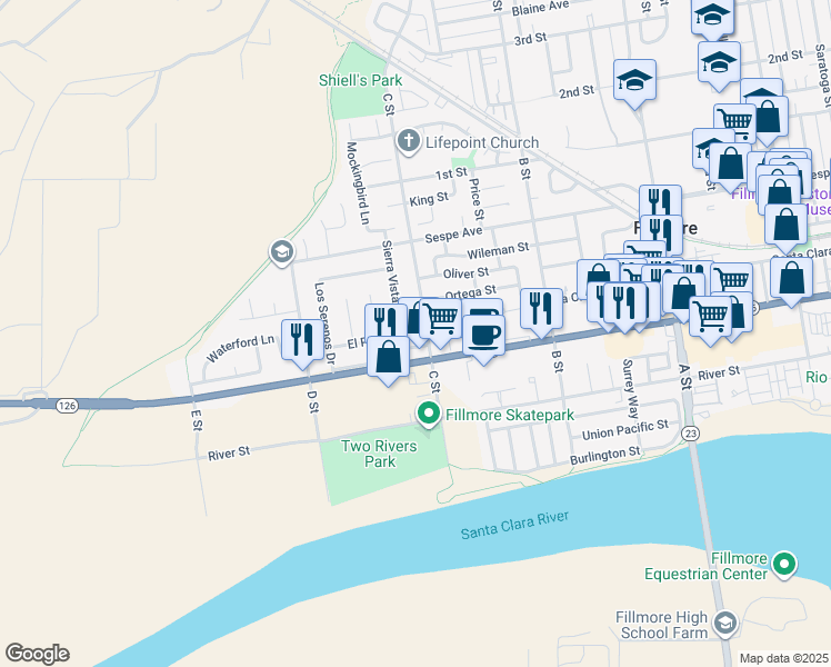 map of restaurants, bars, coffee shops, grocery stores, and more near 1062 Ortega Street in Fillmore