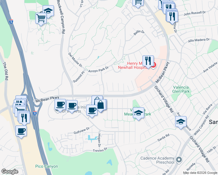 map of restaurants, bars, coffee shops, grocery stores, and more near 25870 Fenda Way in Santa Clarita