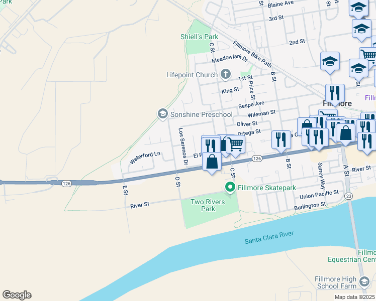 map of restaurants, bars, coffee shops, grocery stores, and more near 263 McNab Court in Fillmore