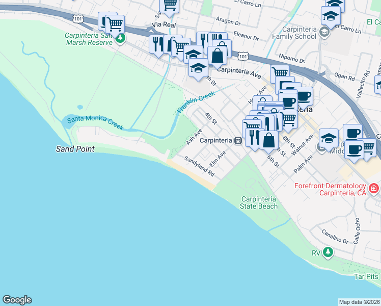 map of restaurants, bars, coffee shops, grocery stores, and more near 4700 Sandyland Road in Carpinteria