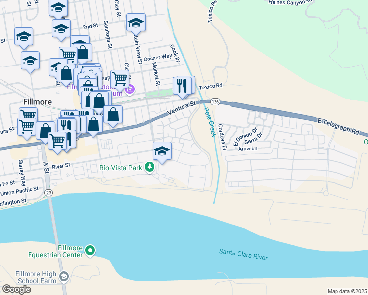 map of restaurants, bars, coffee shops, grocery stores, and more near 154 Cherrywood Street in Fillmore