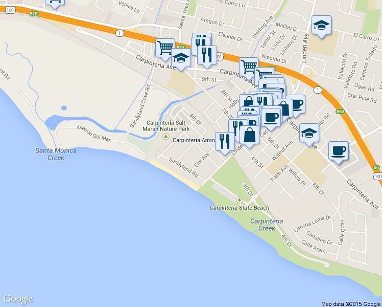 map of restaurants, bars, coffee shops, grocery stores, and more near 180 Holly Avenue in Carpinteria