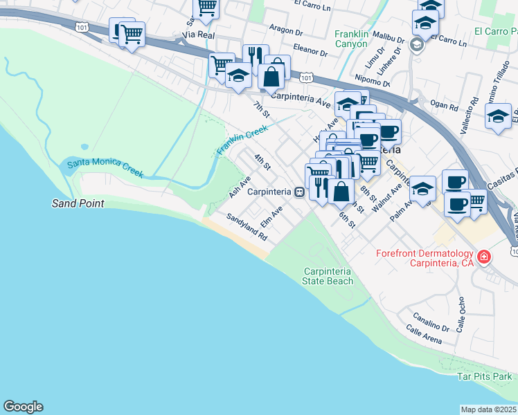 map of restaurants, bars, coffee shops, grocery stores, and more near 185 Holly Avenue in Carpinteria