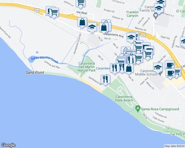 map of restaurants, bars, coffee shops, grocery stores, and more near 125 Holly Avenue in Carpinteria