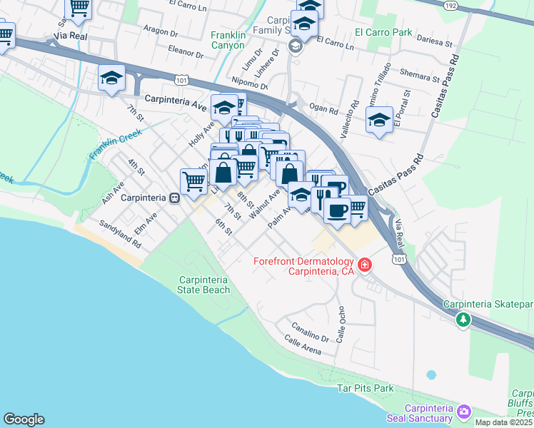 map of restaurants, bars, coffee shops, grocery stores, and more near 908 Walnut Avenue in Carpinteria