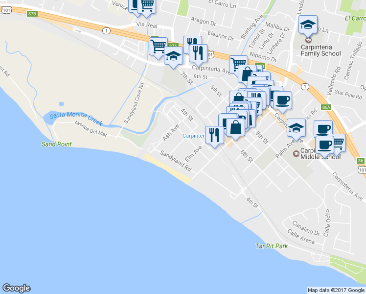 map of restaurants, bars, coffee shops, grocery stores, and more near 185 Holly Avenue in Carpinteria