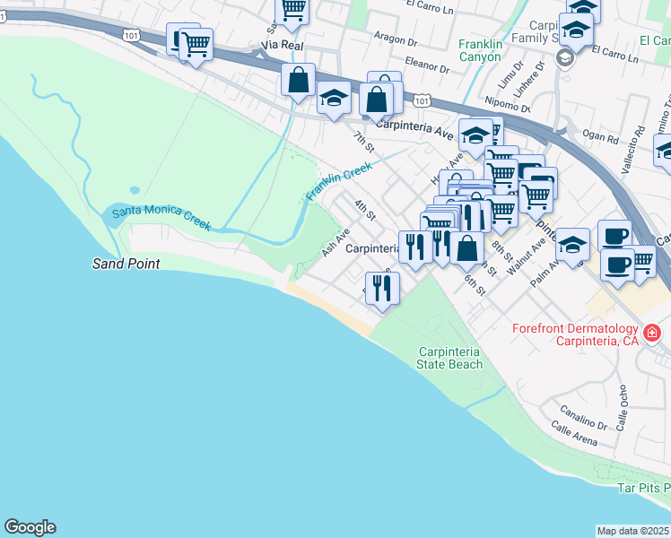 map of restaurants, bars, coffee shops, grocery stores, and more near 130 Ash Avenue in Carpinteria