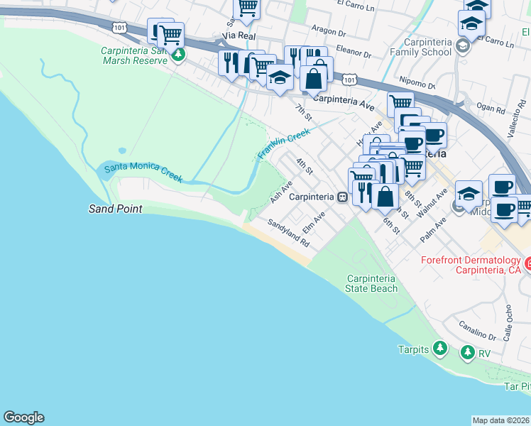map of restaurants, bars, coffee shops, grocery stores, and more near 130 Ash Avenue in Carpinteria
