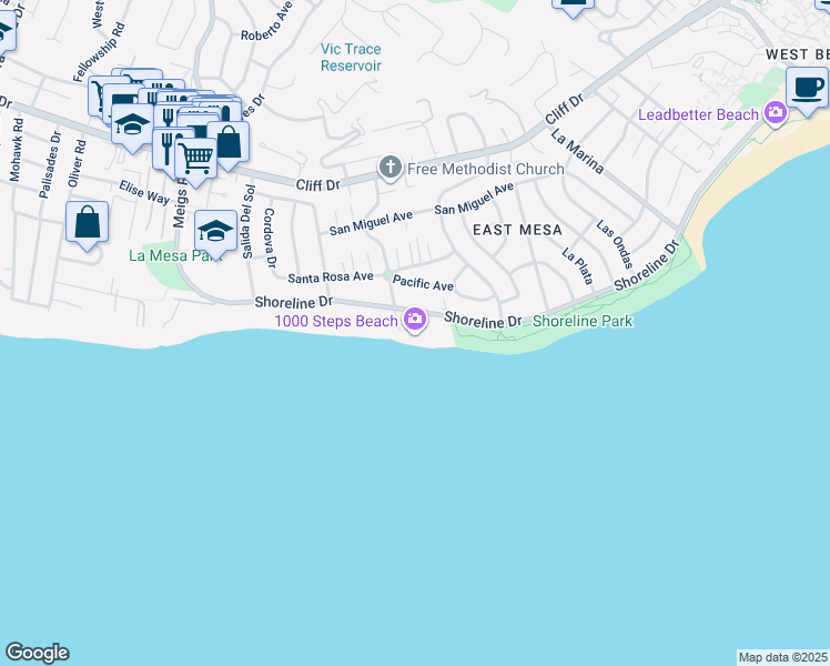 map of restaurants, bars, coffee shops, grocery stores, and more near 1429 Shoreline Drive in Santa Barbara