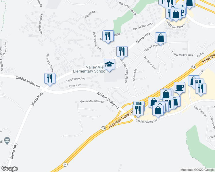 map of restaurants, bars, coffee shops, grocery stores, and more near 26012 Valley Wells Court in Santa Clarita