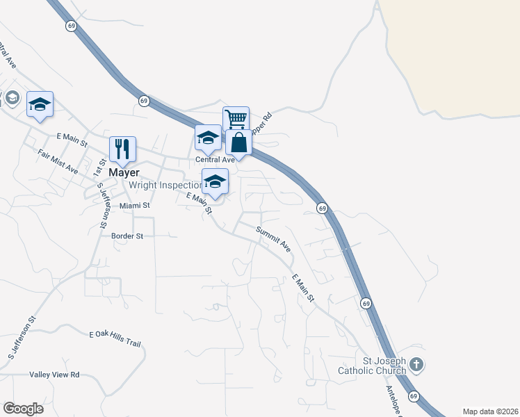 map of restaurants, bars, coffee shops, grocery stores, and more near 13377 Esther Drive in Mayer