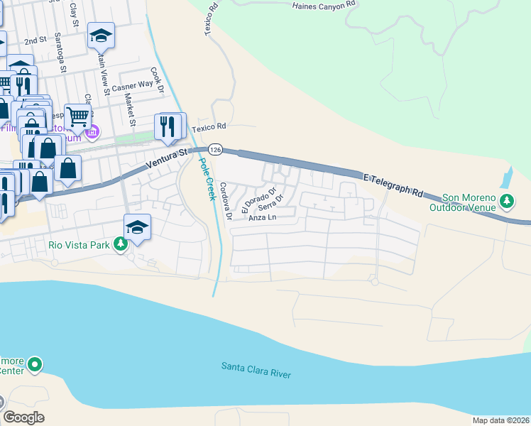 map of restaurants, bars, coffee shops, grocery stores, and more near 250 East Telegraph Road in Fillmore