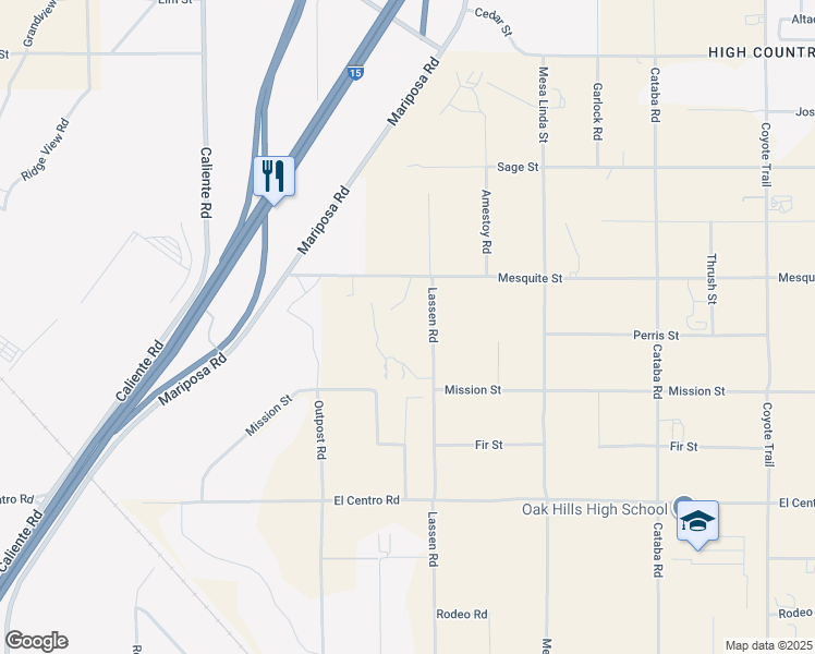 map of restaurants, bars, coffee shops, grocery stores, and more near 12255 Mesquite Street in Oak Hills