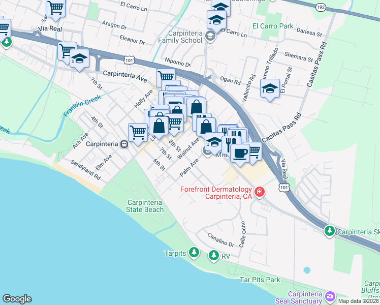 map of restaurants, bars, coffee shops, grocery stores, and more near 908 Walnut Avenue in Carpinteria
