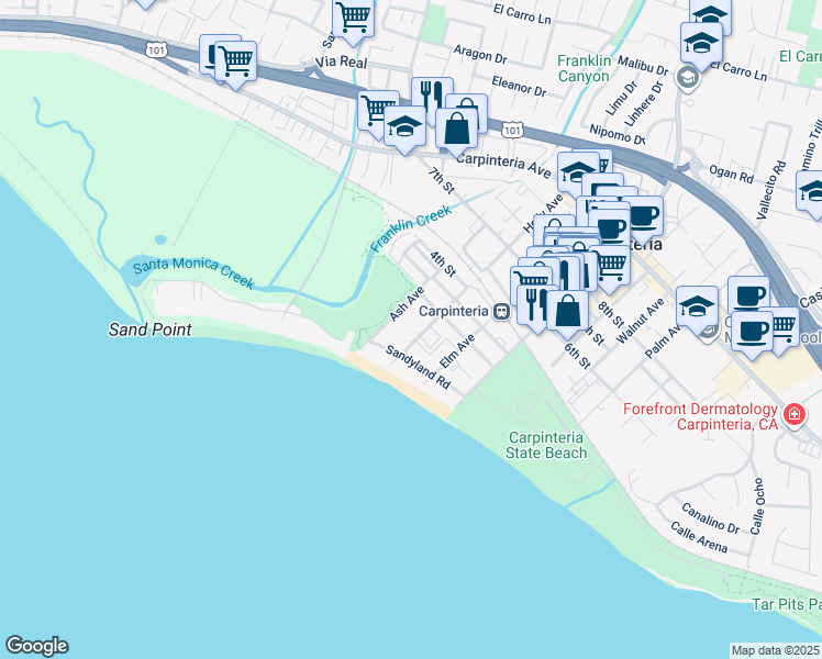 map of restaurants, bars, coffee shops, grocery stores, and more near 185 Holly Avenue in Carpinteria