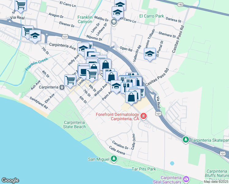 map of restaurants, bars, coffee shops, grocery stores, and more near 5351 Carpinteria Avenue in Carpinteria