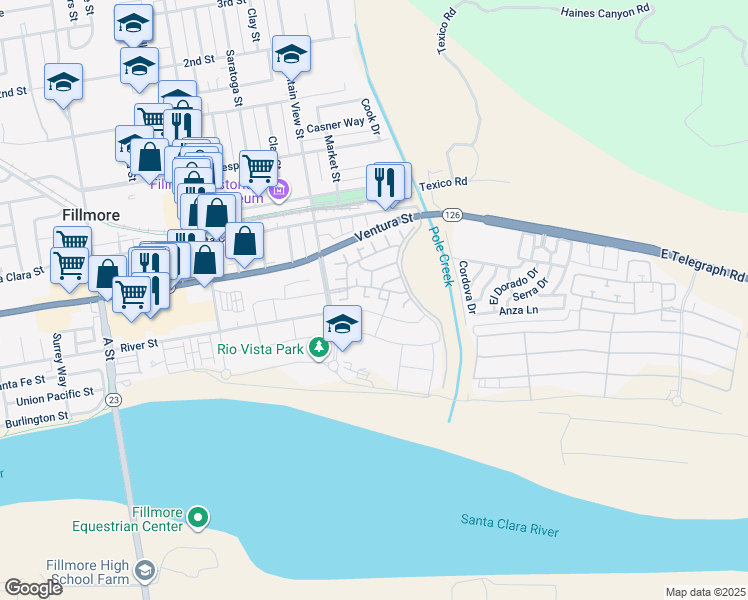 map of restaurants, bars, coffee shops, grocery stores, and more near 131 Cherrywood Street in Fillmore