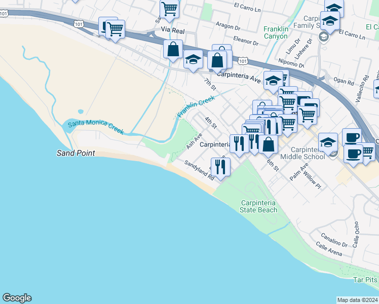 map of restaurants, bars, coffee shops, grocery stores, and more near 126 Ash Avenue in Carpinteria