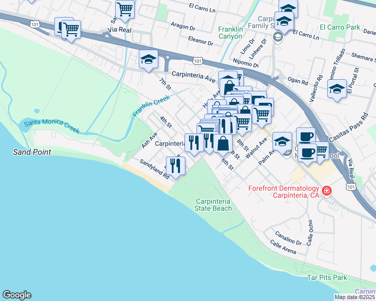 map of restaurants, bars, coffee shops, grocery stores, and more near 475 Linden Avenue in Carpinteria