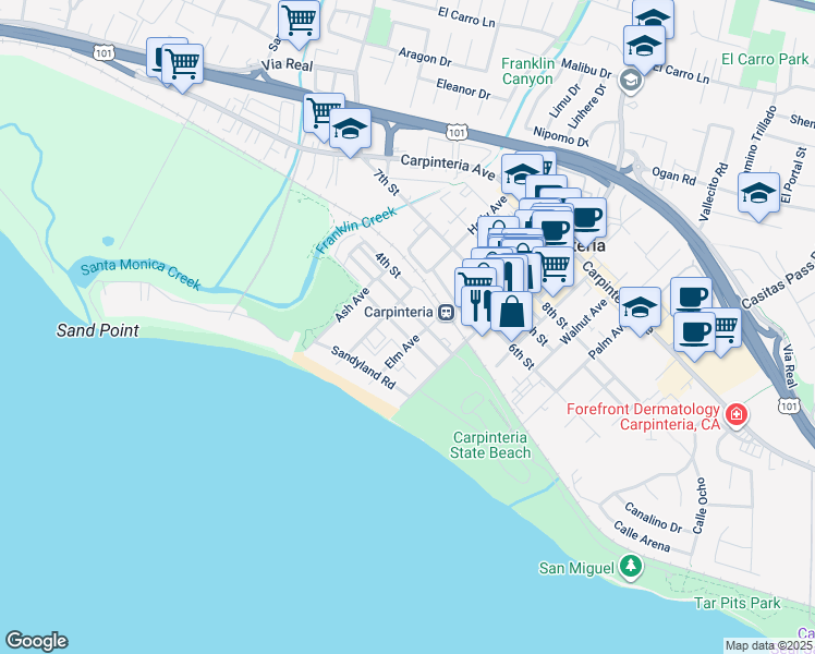map of restaurants, bars, coffee shops, grocery stores, and more near 4855 Dorrance Way in Carpinteria