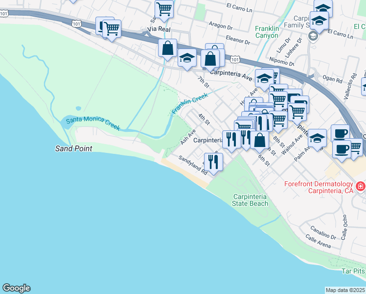 map of restaurants, bars, coffee shops, grocery stores, and more near 130 Ash Avenue in Carpinteria